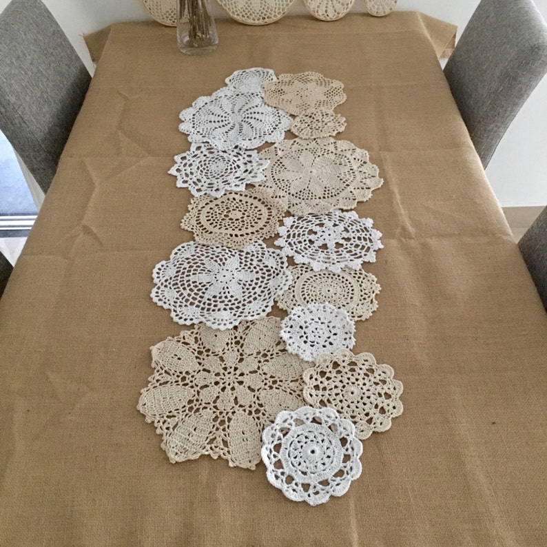 Set of 14 pcs ~ Assorted crocheted doilies, hand made lace doilies for DIY, Round doilies for doily runner ~ DIY doily set ONLY
