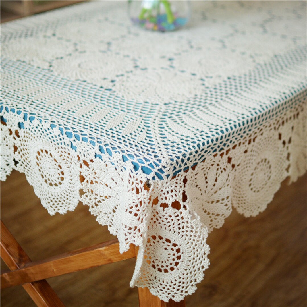 Hand Crochet Rectangular Tablecloth, Vintage Style Oblong Table Cover