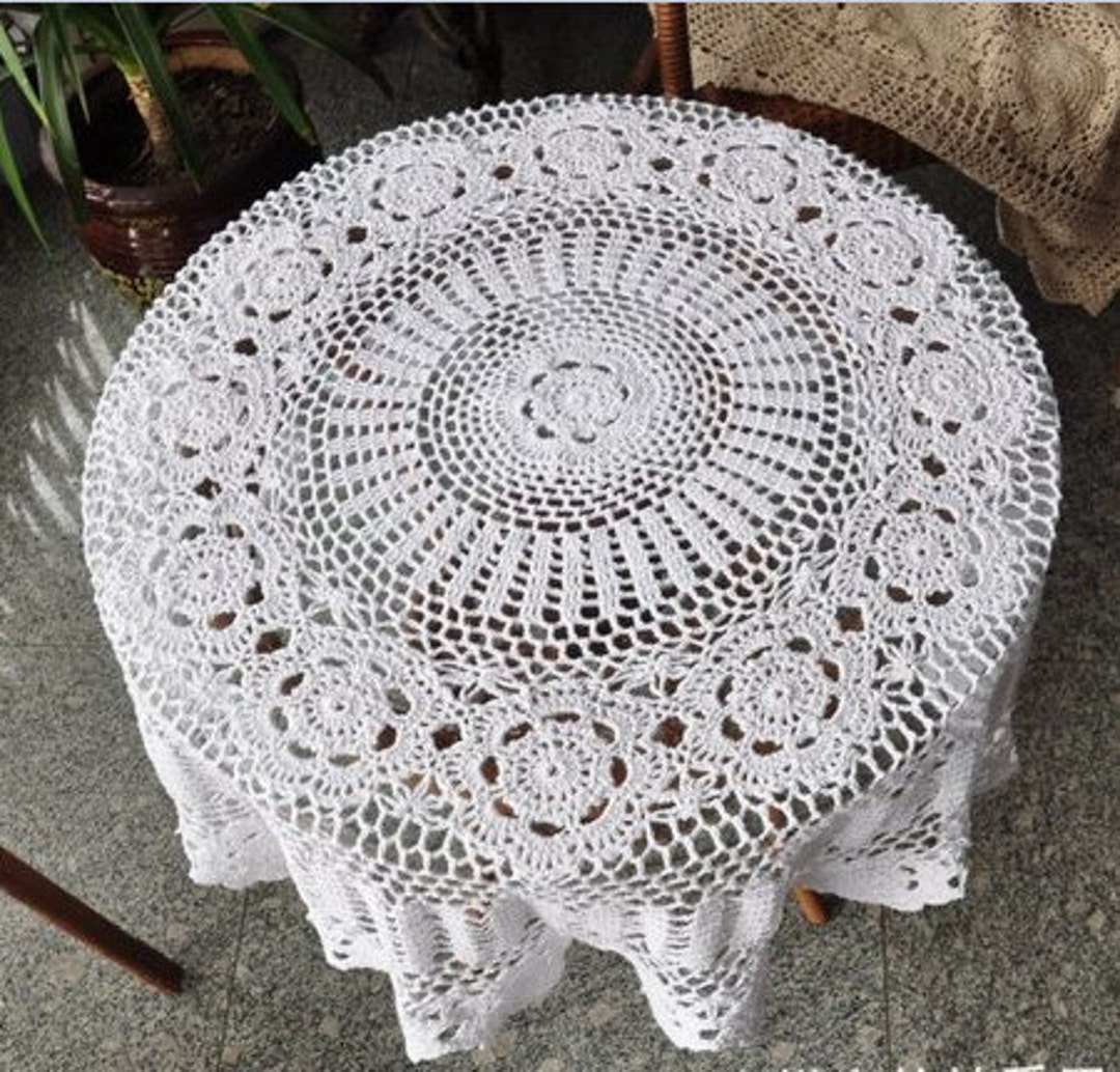 Lovely Hand Crochet White Tablecloth, Nice Crochet Table Topper, Round