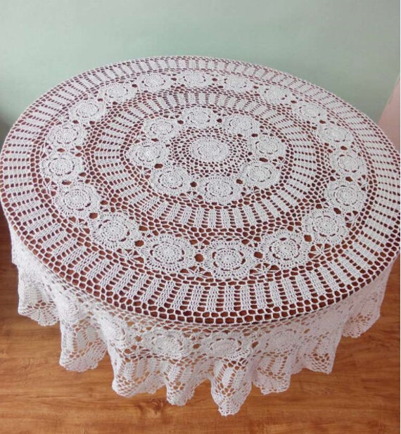 Hand Crochet 63 Round Tablecloth, Round Lace Table Topper