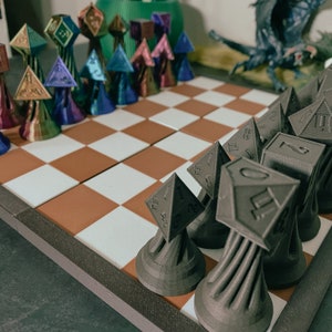 May include: A brown chessboard with black and white squares.  The chess pieces are black and gray dice with different numbers on each side.  The dice are arranged in a line on the board.