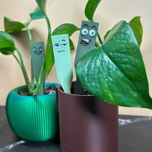 May include: Three green plant markers with cartoon faces are inserted into potted plants. One marker has a bored expression, another has a surprised expression, and the third has a neutral expression. The plants are in a green and brown pot.