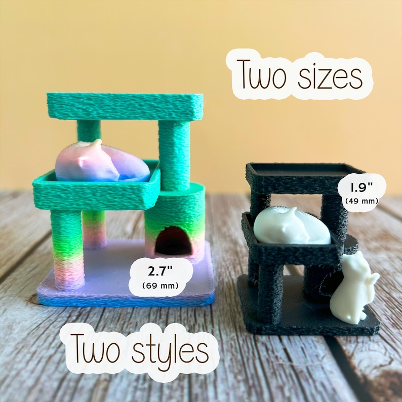 3D printed miniature cat trees, one gradient and one solid colored, showing size options of 2.7" or 1.9".