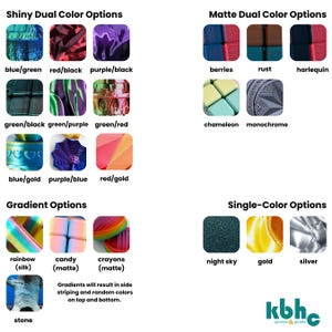 Grid showing shiny, matte, gradient, and single-color filament options for 3D prints. Includes blue/green, red/black, rainbow, candy, night sky, gold, silver, and more. KBHC games & goods logo in corner.