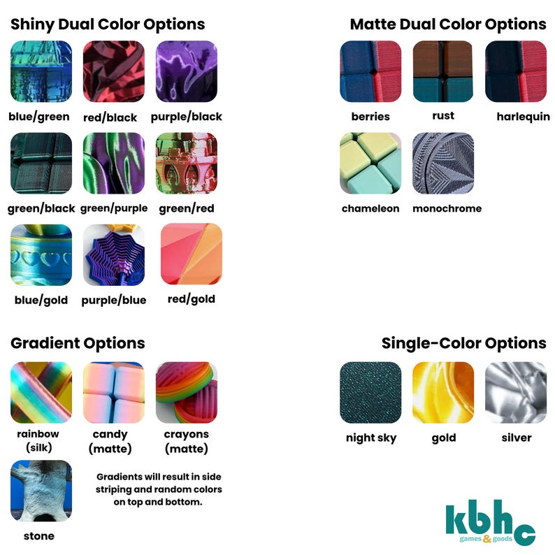 Grid showing shiny, matte, gradient, and single-color filament options for 3D prints. Includes blue/green, red/black, rainbow, candy, night sky, gold, silver, and more. KBHC games & goods logo in corner.