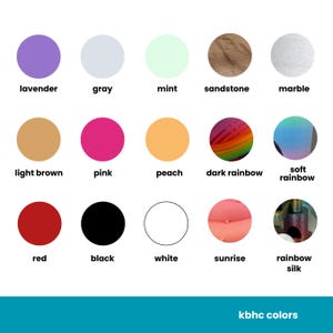 Color chart showing available 3D print options: lavender, gray, mint, sandstone, marble, light brown, pink, peach, dark rainbow, soft rainbow, red, black, white, sunrise, and rainbow silk. KBHC colors branding at bottom.