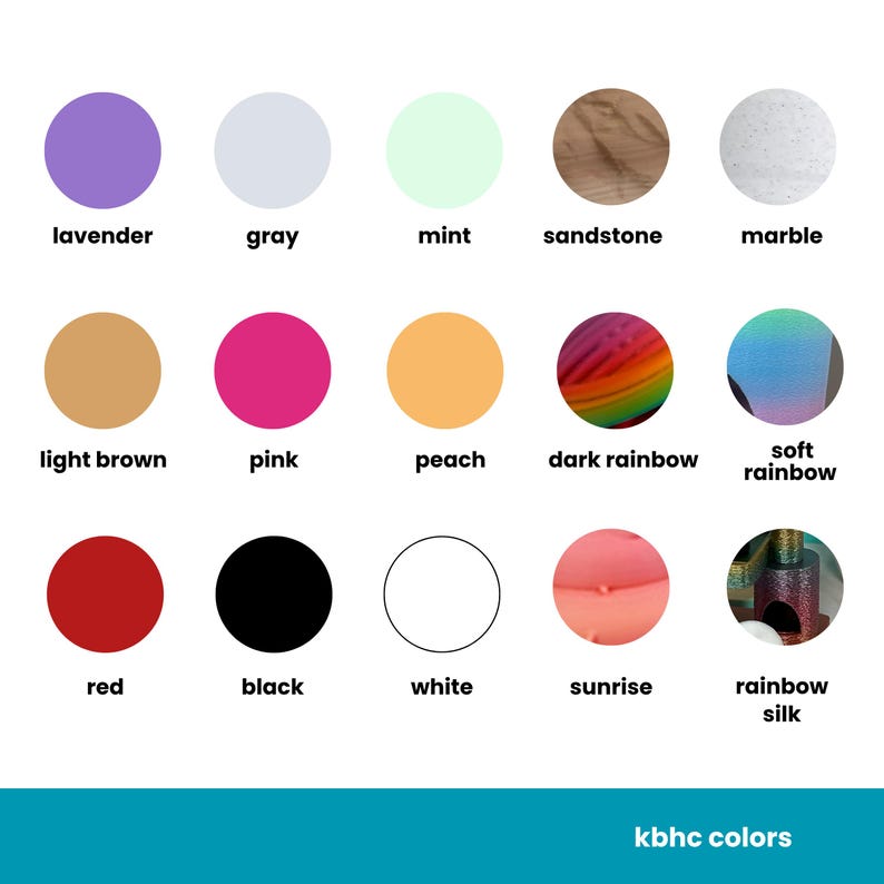 Color chart showing available 3D print options: lavender, gray, mint, sandstone, marble, light brown, pink, peach, dark rainbow, soft rainbow, red, black, white, sunrise, and rainbow silk. KBHC colors branding at bottom.