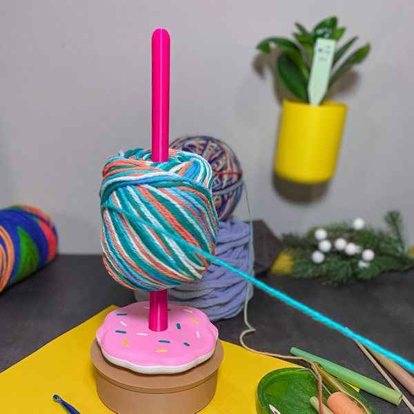 Cute Spinning Yarn Holder - Sweet Treat Yarn Dispenser with Weighted Base, Interchangeable Spindle - Gift for Crafters, Knitters, Crocheters