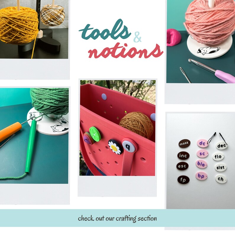 Graphic displaying a selection of other crafting tools by Etsy seller kbh create, including a variety of yarn minders both portable and stationary, and unusual stitch markers.