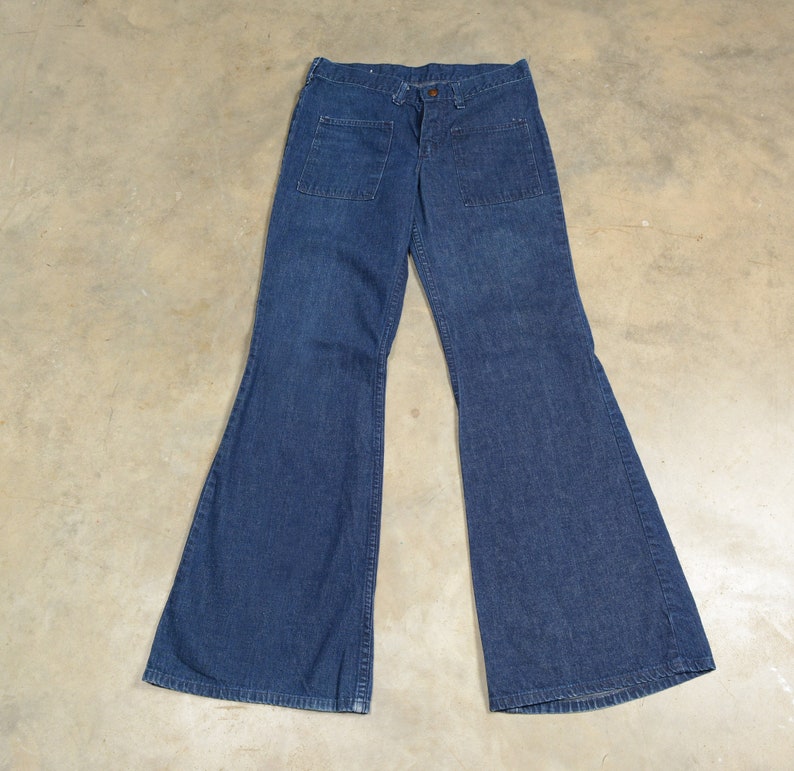 vintage 60s 70s jeans elephant bell bellbottom flare dark wash indigo denim S small front pocket navy sailor style
