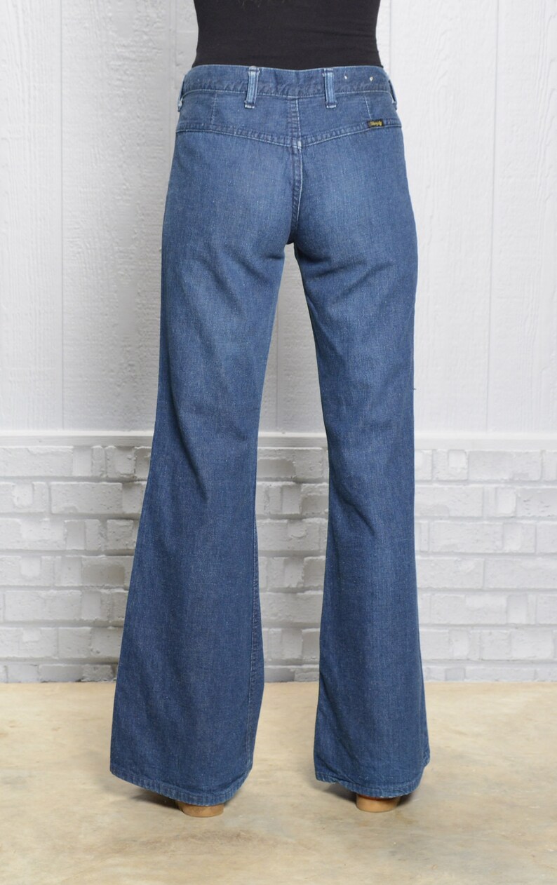 vintage 60s 70s jeans elephant bell bellbottom flare dark wash indigo denim S small front pocket navy sailor style