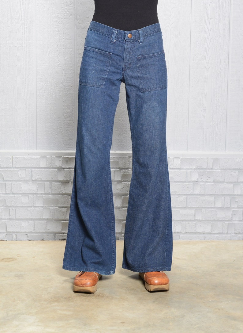 vintage 60s 70s jeans elephant bell bellbottom flare dark wash indigo denim S small front pocket navy sailor style