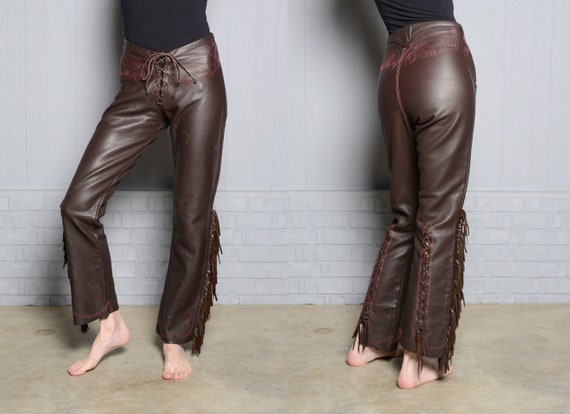 vintage 90s fringed leather pants bootcut flare 9… - image 1