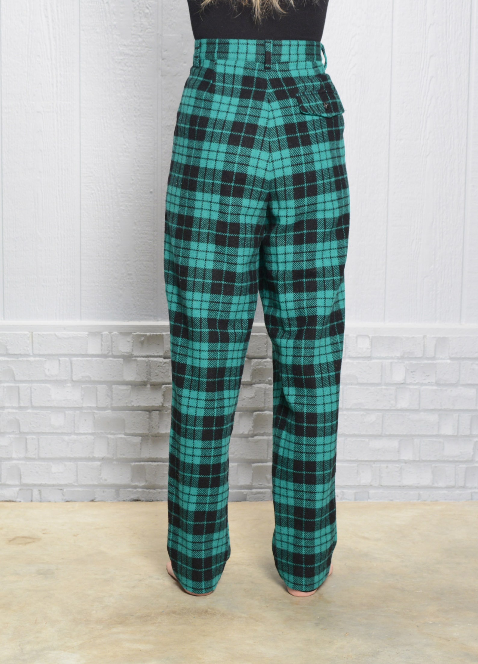 Vintage 80s Wool Plaid Pants Green Black Christmas Trousers High Waist