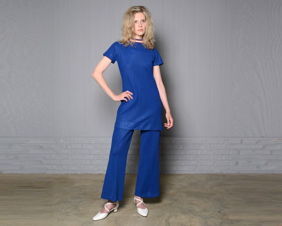 vintage 60s 70s polyester suit flare pant mock ne… - image 1