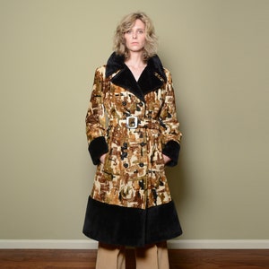 vintage 60s 70s tapestry coat faux fur trim double breast belt waist winter jacket 1960 1970 mod boho hippie S small