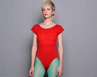 vintage bodysuit one piece leotard 80s 90s red blue stripe workout wear aerobics dance S/M cap sleeve