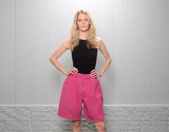 Vintage 80s 90s Corduroy Shorts High Waist Magenta Hot Pink Cord