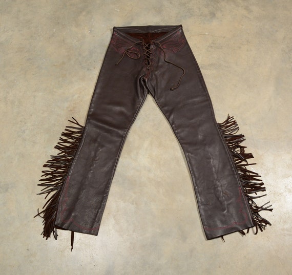 vintage 90s fringed leather pants bootcut flare 9… - image 3