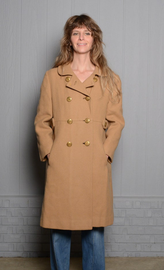 vintage 60s military style coat tan wool double breas… Gem
