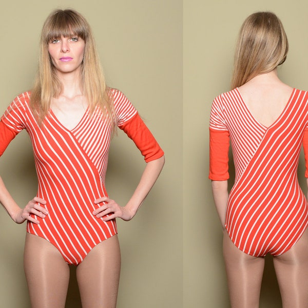 vintage 80s half sleeve bodysuit one piece leotard 80s workout wear white red stripe aerobics outfit 1980 S/M