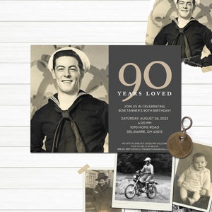 90th Birthday Party Invitation Printed or Printable version using old vintage photos 90 years loved