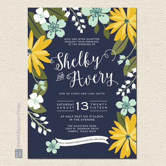 Rustic Wedding Invitations Floral Wedding Invites Navy Yellow Etsy