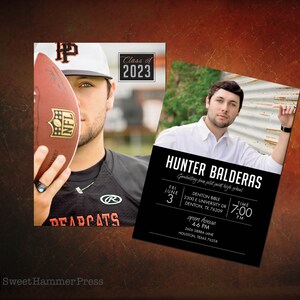 May include: A black and white graduation announcement with a photo of a young man in a white shirt. The announcement reads "Hunter Balderas Graduating from Pilot Point High School" with the date and time of the event.