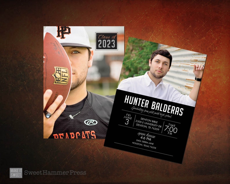 May include: A black and white graduation announcement with a photo of a young man in a white shirt. The announcement reads "Hunter Balderas Graduating from Pilot Point High School" with the date and time of the event.