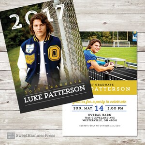Op de afbeelding: Afstudeeraankondiging met een foto van een jonge man in een varsity-jas. De hoofdpas zegt "2017 Graduate Luke Patterson", met evenementdetails op een tweede kaart. Het ontwerp bevat een foto van de afgestudeerde en evenementinformatie.