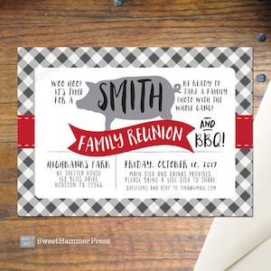 Pig Family Reunion Invitation - BBQ Party Invitation - Outdoor Party Invitation - Barbecue Invitation Reunion Invite Checkerboard Red Black