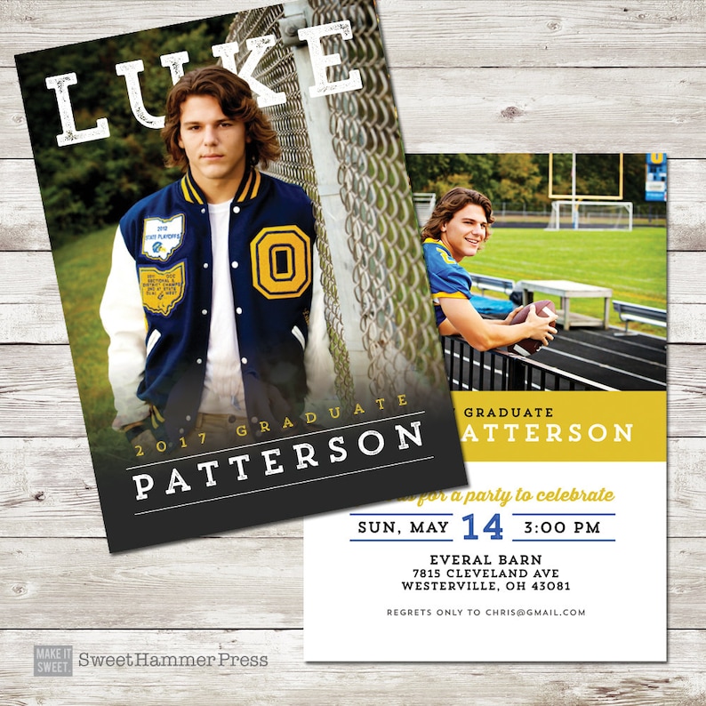 Op de afbeelding: Afstudeeraankondiging met een jonge man in een blauw en goudkleurig varsityjack. De aankondiging bevat de naam "LUKE" bovenaan, met "2017 GRADUATE PATTERSON" eronder. Een tweede kaart toont de afgestudeerde met een voetbal.