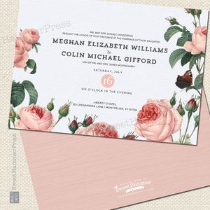 May include: A wedding invitation with a floral design featuring pink roses and green leaves. The invitation is for the wedding of Meghan Elizabeth Williams and Colin Michael Gifford on Saturday, July 16th at six o'clock in the evening at Liberty Chapel, 123 Chesapeake Lane, Montpelier, VT 87736.
