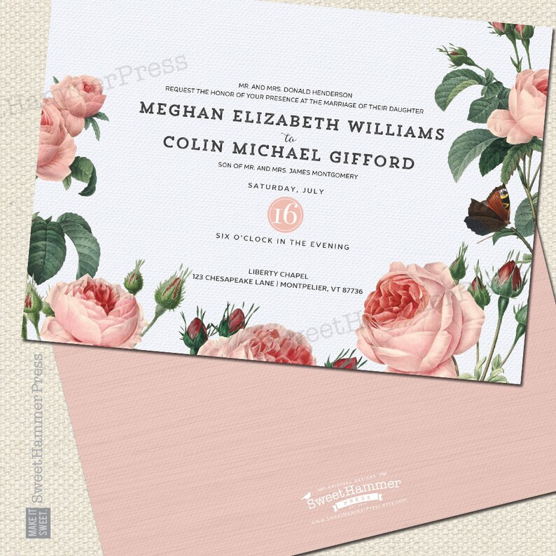 May include: A wedding invitation with a floral design featuring pink roses and green leaves. The invitation is for the wedding of Meghan Elizabeth Williams and Colin Michael Gifford on Saturday, July 16th at six o'clock in the evening at Liberty Chapel, 123 Chesapeake Lane, Montpelier, VT 87736.