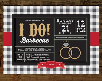 May include: A black and white checkered background with a red and white ribbon. The text "I Do! Barbecue" is in gold letters on a black background. The date is August 21, 2015, and the time is 12 PM. The text "RSVP to charlesrauch@yahoo.com" is also included.