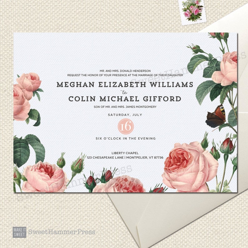 May include: Wedding invitation with a floral design featuring pink roses and a butterfly. The invitation announces the marriage of Meghan Elizabeth Williams to Colin Michael Gifford on Saturday, July 16th at six o'clock in the evening at Liberty Chapel, 123 Chesapeake Lane, Montpelier, VT 87736.