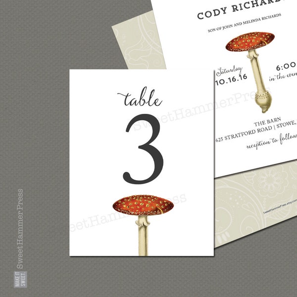 Mushroom Wedding Invitation Woodland Wedding Announcements Rustic Wedding Table Numbers Script Printed Wedding Invites Wood Pattern on back