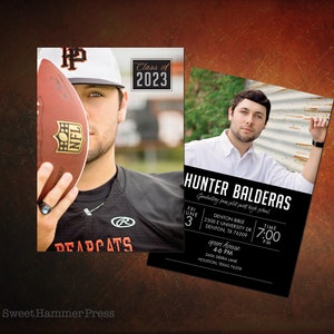 May include: Black and white graduation announcement with a photo of a young man in a blue shirt. The announcement includes the graduate's name, Hunter Balderas, the date and time of the graduation ceremony, and the location of the open house.
