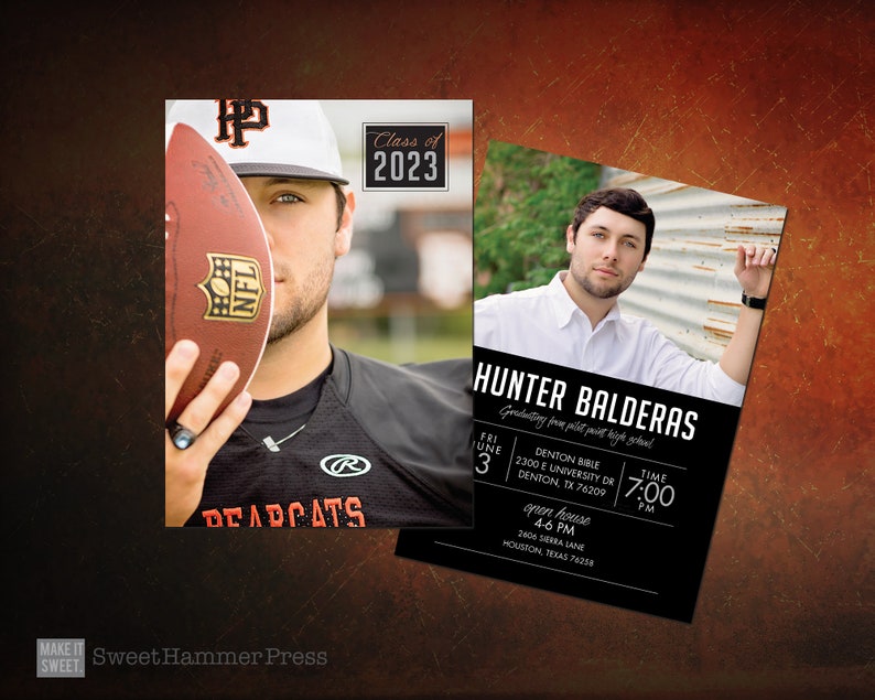 May include: Black and white graduation announcement with a photo of a young man in a blue shirt. The announcement includes the graduate's name, Hunter Balderas, the date and time of the graduation ceremony, and the location of the open house.