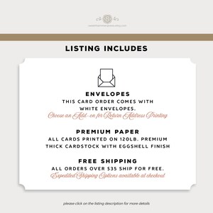 May include: Listing includes white envelopes, premium 120lb cardstock with eggshell finish, and free shipping for orders over $35.  Expedited shipping options are available at checkout.