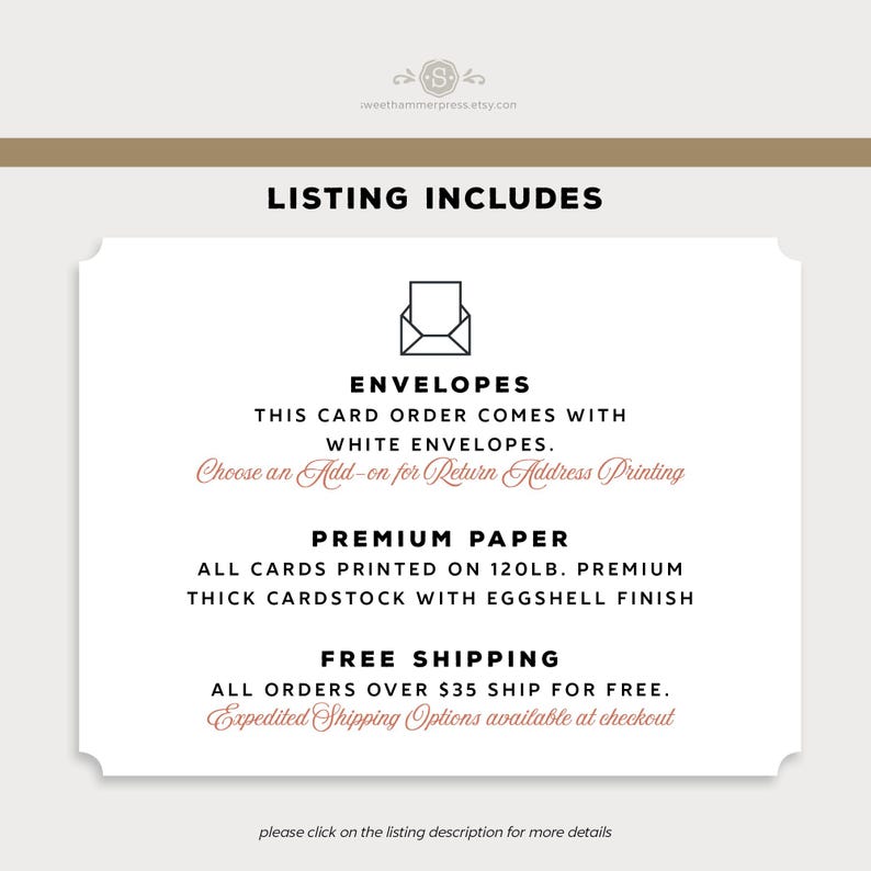 May include: Listing includes white envelopes, premium 120lb cardstock with eggshell finish, and free shipping for orders over $35.  Expedited shipping options are available at checkout.