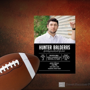 May include: Black and white graduation announcement with a photo of a young man. The announcement includes the graduate's name, Hunter Balderas, the date and time of the graduation ceremony, and the location of the open house. The text reads: "Hunter Balderas Graduating from Pilot Point High School Fri June 3 Denton Bible 2300 E University Dr Denton, TX 76209 Time 7:00 PM Open House 4-6 PM 2606 Sierra Lane Houston, Texas 76258"