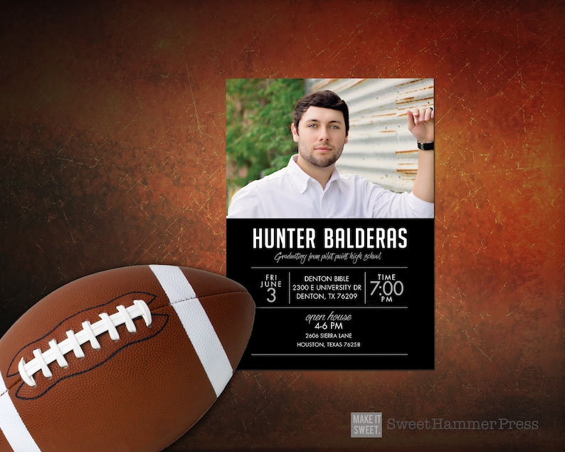 May include: Black and white graduation announcement with a photo of a young man. The announcement includes the graduate's name, Hunter Balderas, the date and time of the graduation ceremony, and the location of the open house. The text reads: "Hunter Balderas Graduating from Pilot Point High School Fri June 3 Denton Bible 2300 E University Dr Denton, TX 76209 Time 7:00 PM Open House 4-6 PM 2606 Sierra Lane Houston, Texas 76258"