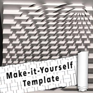 May include: A white paper template for a 3D pop-up card. The template features a geometric design of overlapping squares that create a swirling, optical illusion effect. The text "Make-it-Yourself Template" is visible on the template.
