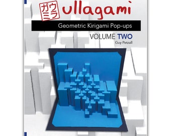 May include: A book cover with the title "ullagami Geometric Kirigami Pop-ups VOLUME TWO" by Guy Petzall. The cover features a blue pop-up of a city skyline.