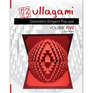 Op de afbeelding: Een boekomslag met de titel "UllaGami Geometric Kirigami Pop-ups Volume Five" door Guy Petzall. De omslag heeft een rood en wit 3D pop-up ontwerp.