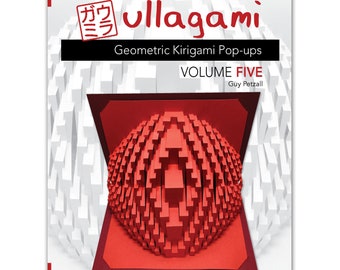 May include: A book cover with the title "UllaGami Geometric Kirigami Pop-ups Volume Five" by Guy Petzall. The cover features a red and white 3D pop-up design.