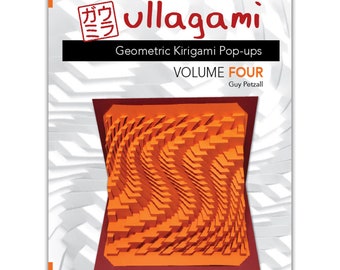 May include: A book cover with the title "ullagami Geometric Kirigami Pop-ups Volume FOUR" by Guy Petzall. The cover features a red and orange geometric design.
