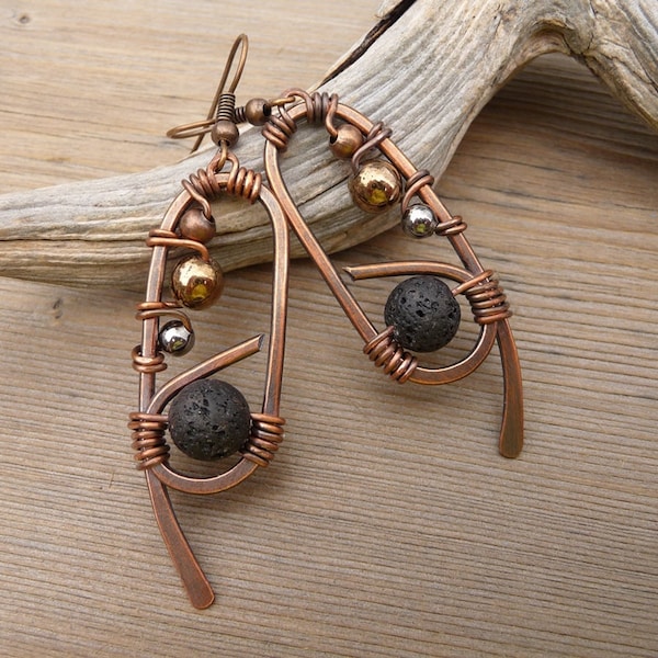 Copper Wire Wrapped Earrings with Black Volcanic Lava Beads, Antiqued Copper Earrings, Boho Earrings, Long Dangle Earrings, Wire work Rustic