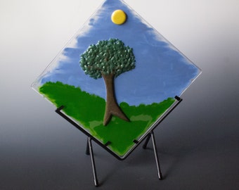 Tree In The Meadow Hand Painted Kiln-formed Glass 15 inches Square